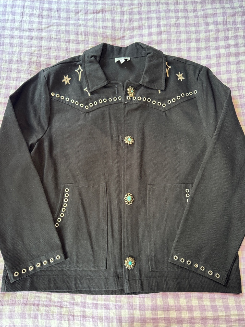 Johnny Was Black Jean Jacket with Concho Buttons and Eyelet Details